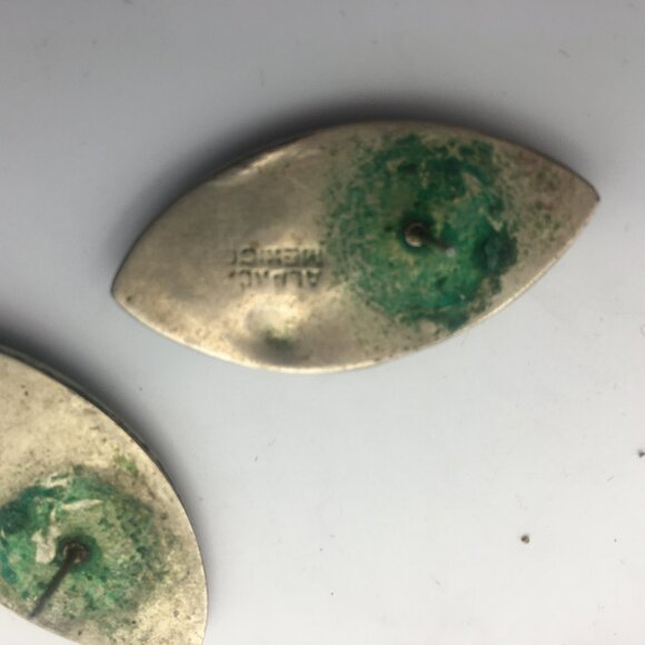 Vintage Alpaca Silver Genuine Purple Abalone Leaf Shape Stud Earrings Mexico 1" - Picture 10 of 12